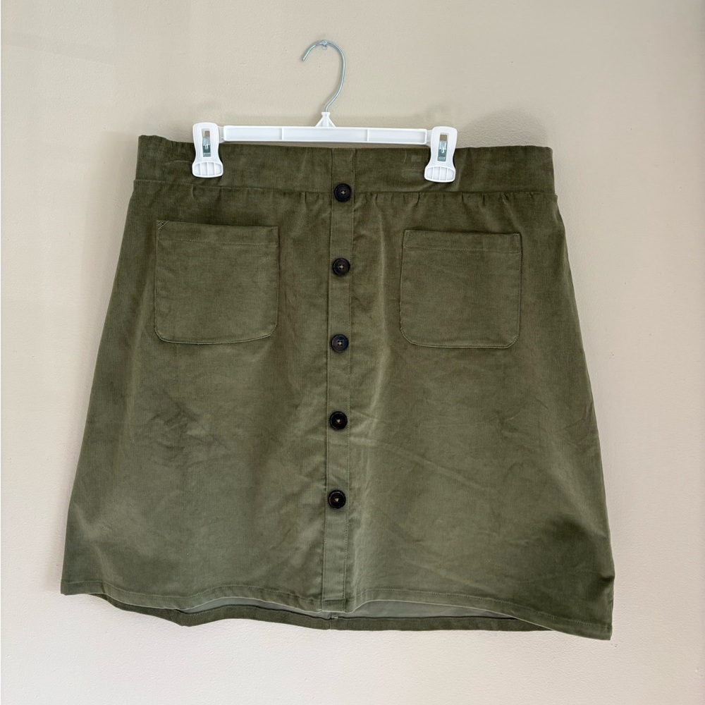 Olive Green Button-Front A-Line Skirt